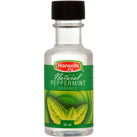 A bottle of Hansells Essence Natural Peppermint, featuring premium natural peppermint oil for culinary and DIY creative uses.