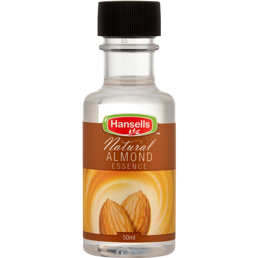 Hansells Essence Natural Almond, a concentrated liquid flavoring perfect for enhancing cakes, cookies, and desserts with authentic almond taste.