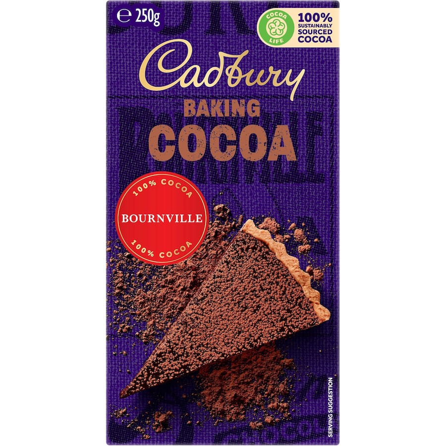 Rich Cadbury Bournville Cocoa Powder for baking, made from 100% sustainably sourced cocoa, ideal for gourmet desserts.