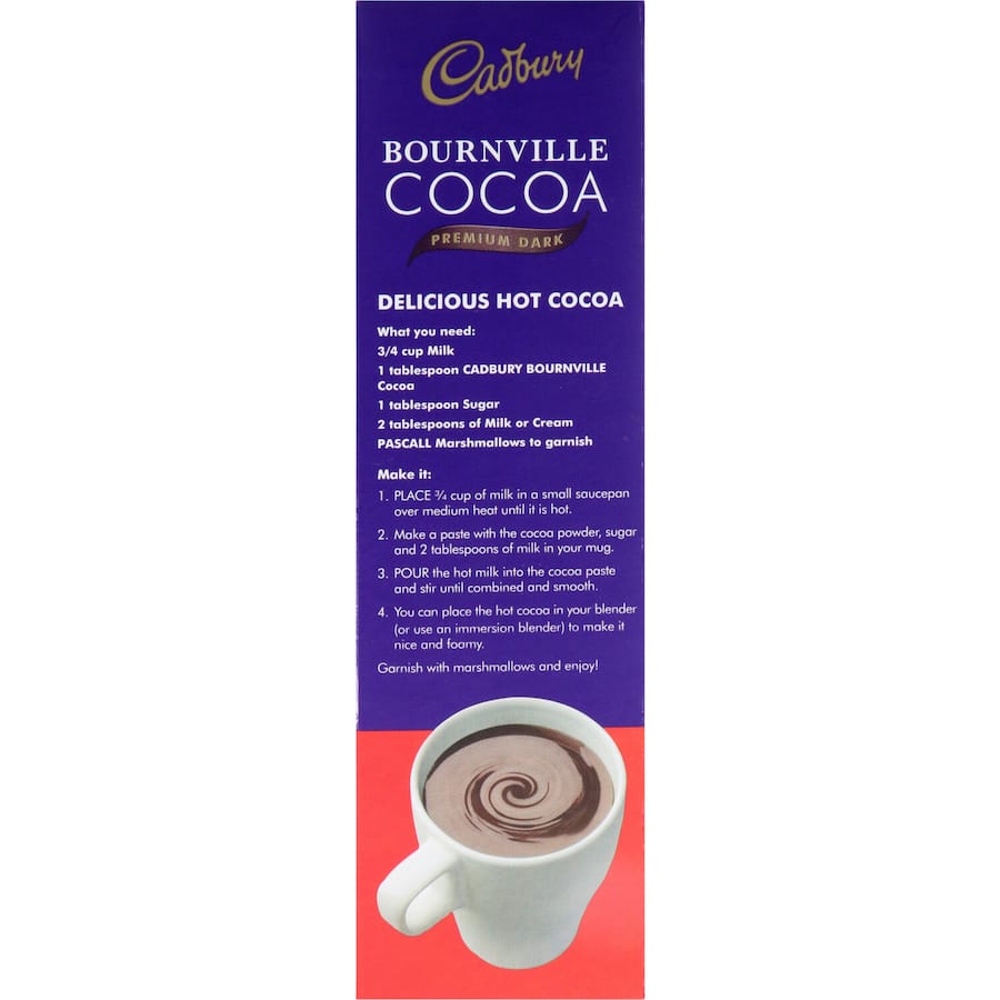 Rich and velvety Cadbury Baking Cocoa Powder Bournville, made from 100% sustainably sourced cocoa for exquisite baking.