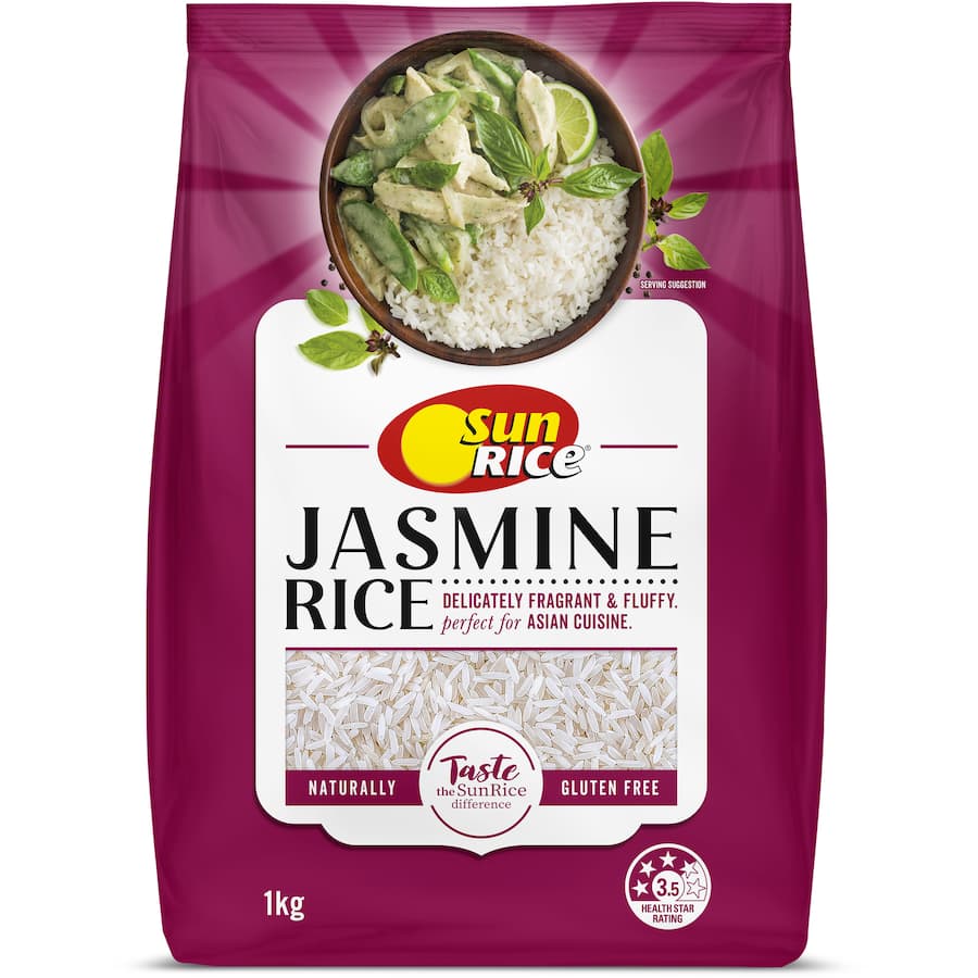 A bag of Sun Rice Jasmine Rice, showcasing its premium quality, perfect for aromatic Southeast Asian dishes.