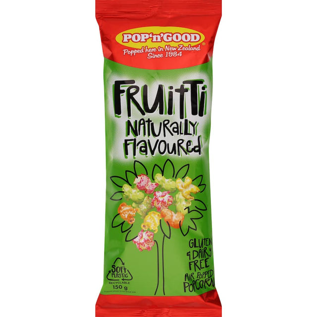 Colorful bag of Pop N Good Popcorn Fruitti, featuring gourmet popcorn with vibrant fruity flavors for a delicious snack experience.