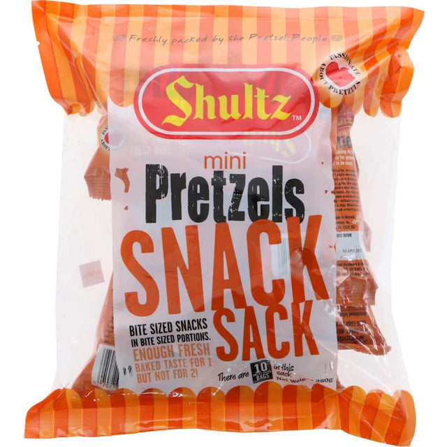 Shultz Pretzels Minis Multipack 280g, six bags of crunchy, lightly salted, gluten-free pretzels for healthy snacking.