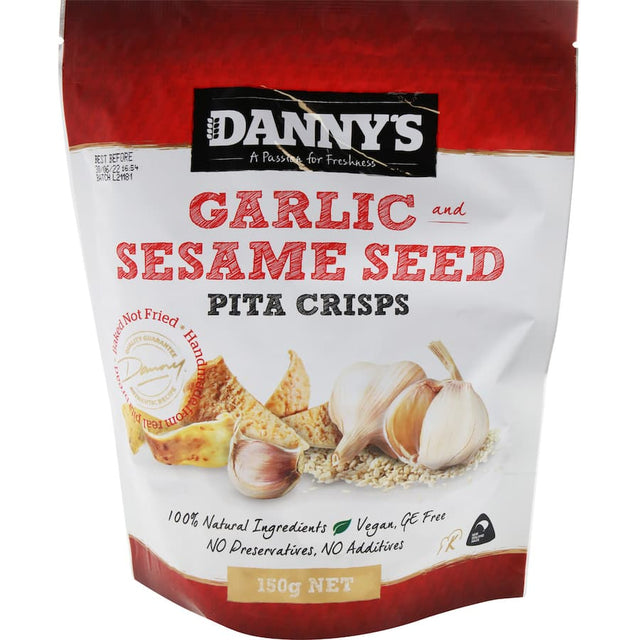 Danny's Corn Snacks Garlic & Sesame Pita Crisps - Crunchy, gluten-free crisps with roasted garlic and toasted sesame flavors.