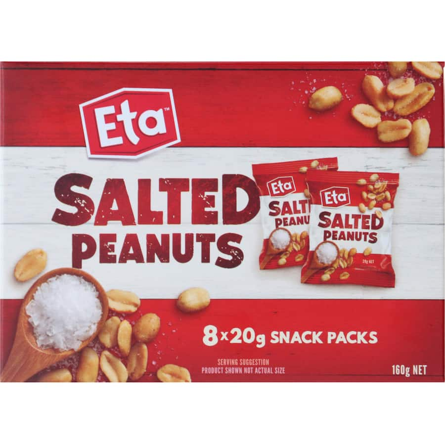 Pack of 8 Eta salted peanuts, perfect on-the-go snack rich in flavor and protein for energy boosts.