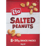 Alt text for Eta Peanuts Snack Pack showcasing 8 individual bags of delicious, protein-rich salted peanuts for on-the-go snacking.