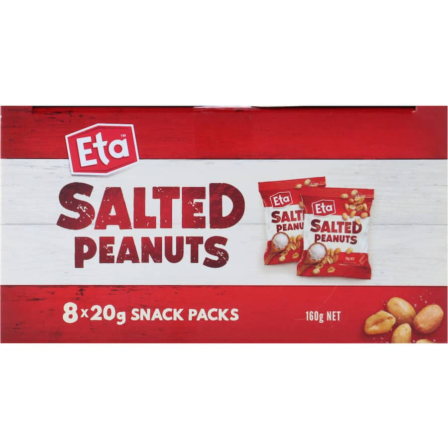 Eight individual packs of Eta Peanuts, offering crunchy, salted protein snacks perfect for on-the-go energy and nutrition.