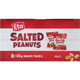 Eight individual packs of Eta Peanuts, offering crunchy, salted protein snacks perfect for on-the-go energy and nutrition.