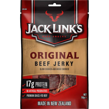 Jack Links Beef Jerky Original: premium slow-cooked, smoked beef with garlic, perfect for snacks on-the-go and outdoor adventures.