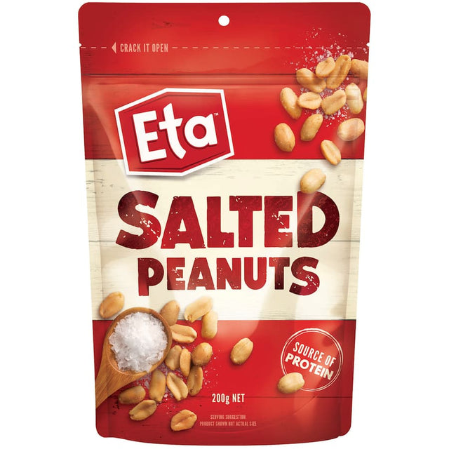 Salted Eta Peanuts in a snack bag, showcasing their crunchy texture and rich flavor, perfect for healthy snacking.