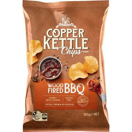 A bag of Copper Kettle BBQ Chips showcasing artisan-made, wood-fired flavor from locally sourced New Zealand potatoes.