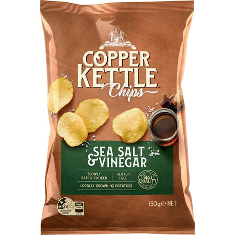 Crispy Copper Kettle Salt & Vinegar Chips made from premium NZ potatoes, slow-cooked for bold flavor and crunch.