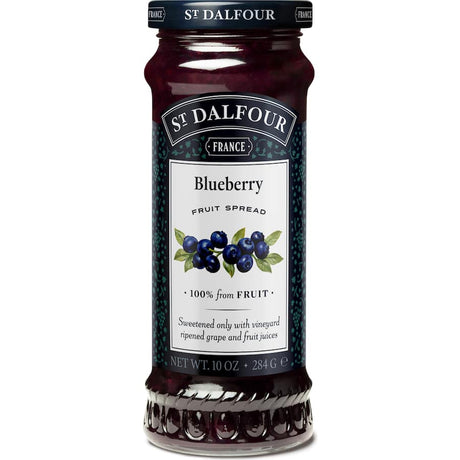 St Dalfour Wild Blueberry Jam, a premium spread of ripe blueberries, sweetened naturally, perfect for breakfast and desserts.