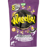 Wheelies Creme Filled Multipack with four cookie flavors: chocolate, vanilla, choc orange, and choc mint, perfect for snacks.