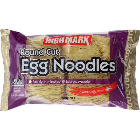 High Mark Egg Noodles Round, made with premium durum wheat and eggs, perfect for soups, stir-fries, and salads.