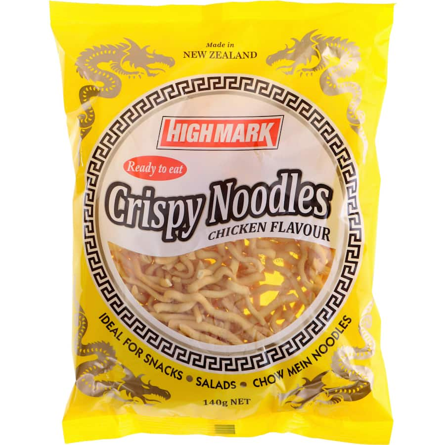 Crispy High Mark noodles in chicken flavor, ideal for snacking or adding crunch to dishes, with recipes on the packaging.