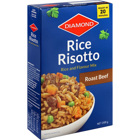A delicious plate of Diamond Rice Risotto with roast beef, herbs, and pasta, ready in just 20 minutes for a gourmet meal.