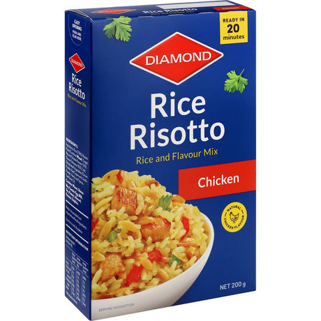 Succulent Diamond Rice Risotto Chicken with rice, risone pasta, capsicum, herbs, and savory chicken flavor, ready in 20 minutes.