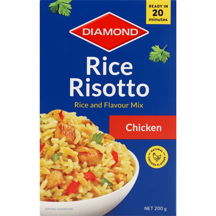 Delicious Diamond Rice Risotto Chicken, featuring rice, risone pasta, capsicum, and savory chicken flavor, ready in 20 minutes.