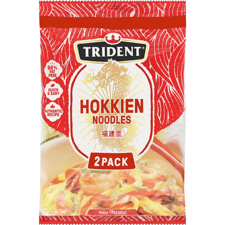 Trident Hokkien Noodles two-pack, thick and chewy, perfect for quick meals, stir-fries, and soups.