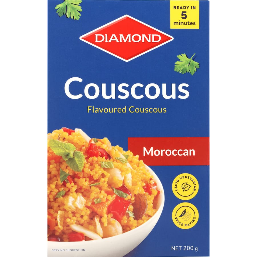 A bowl of Diamond Couscous Moroccan, featuring fluffy grains infused with aromatic spices for a quick, flavorful dish.