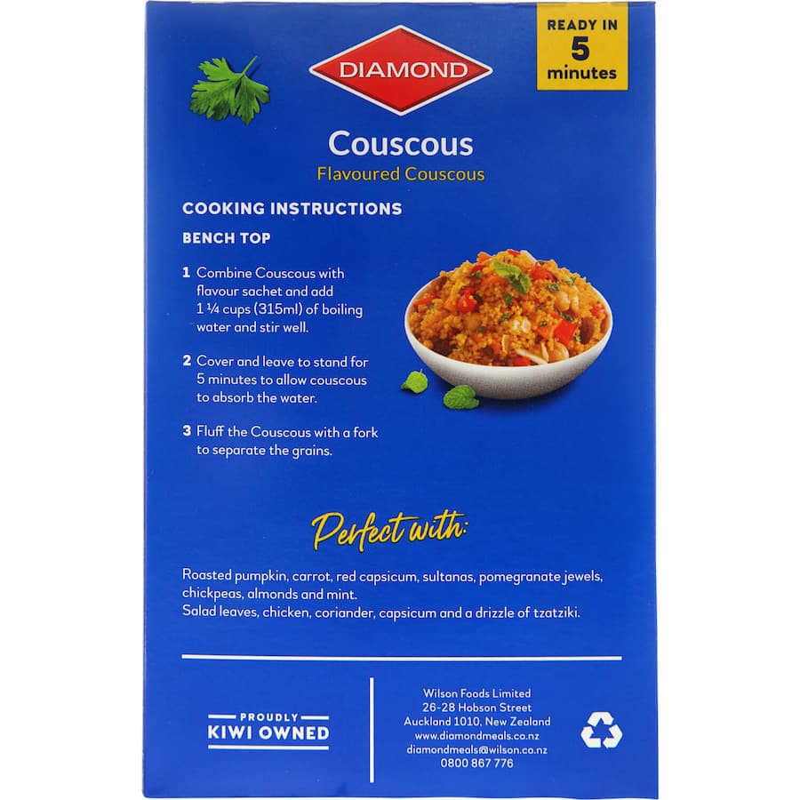 Diamond Couscous Moroccan, quick-cooking couscous infused with authentic Moroccan spices, perfect for versatile meals.