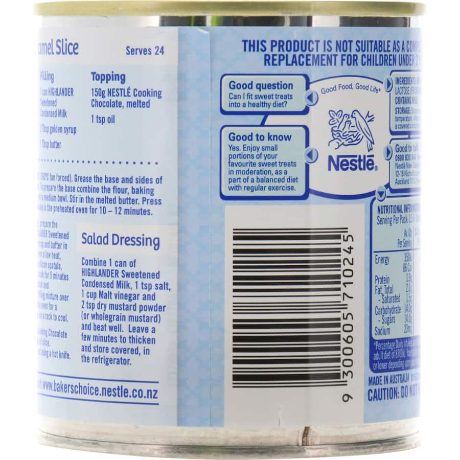 Nestle Highlander Condensed Milk Sweetened, creamy milk and sugar for perfect desserts and sweet treats, no preservatives.