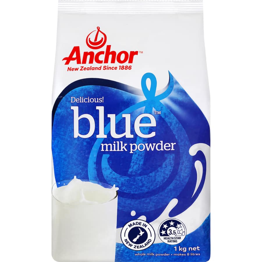 Anchor Milk Powder Standard Blue packaging, showcasing its rich flavor, nutrient content, and convenience for on-the-go families.