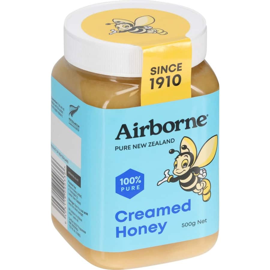 Creamed Airborne Clover Honey from New Zealand, smooth and spreadable, rich in nutrients, perfect for toast or wellness.