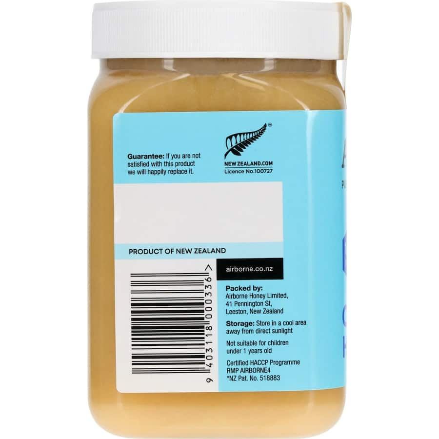 Creamy Airborne Clover Honey from New Zealand, perfect for spreading on toast or pancakes, unprocessed and full of nutrients.