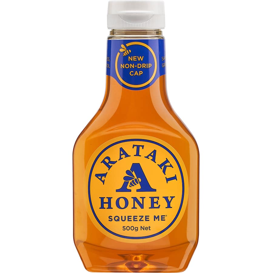 Squeeze bottle of Arataki Liquid Honey, showcasing pure New Zealand honey for drizzling on treats and baking.