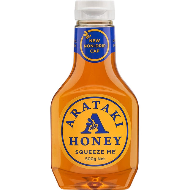 Squeeze bottle of Arataki Liquid Honey, showcasing pure New Zealand honey for drizzling on treats and baking.