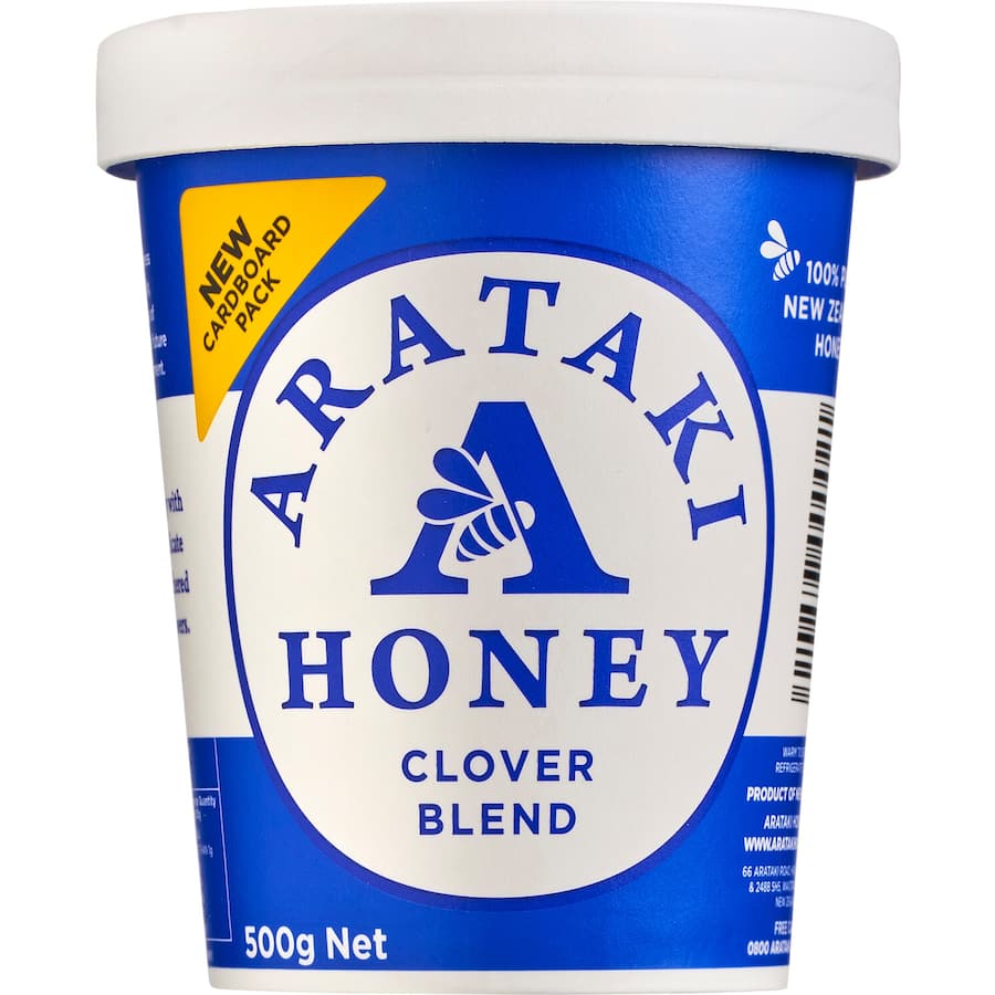 Pale gold Arataki Clover Honey with a mild, sweet taste and floral aroma, perfect for enhancing dishes and promoting wellness.