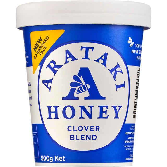 Pale gold Arataki Clover Honey with a mild, sweet taste and floral aroma, perfect for enhancing dishes and promoting wellness.