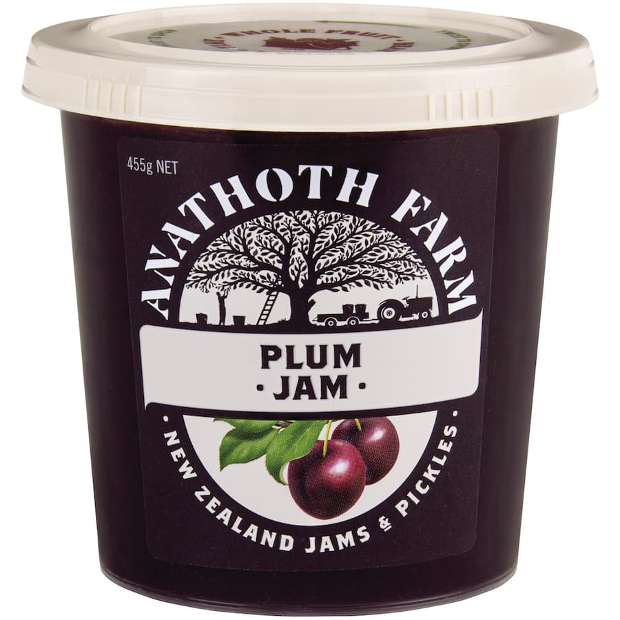 A jar of Anathoth Farm Plum Jam, crafted from premium New Zealand plums, showcasing rich flavors and whole fruit texture.