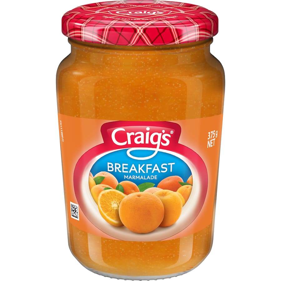 Jar of Craig's Breakfast Marmalade, featuring zesty grapefruit flavor, perfect as a spread or baking ingredient, made in New Zealand.