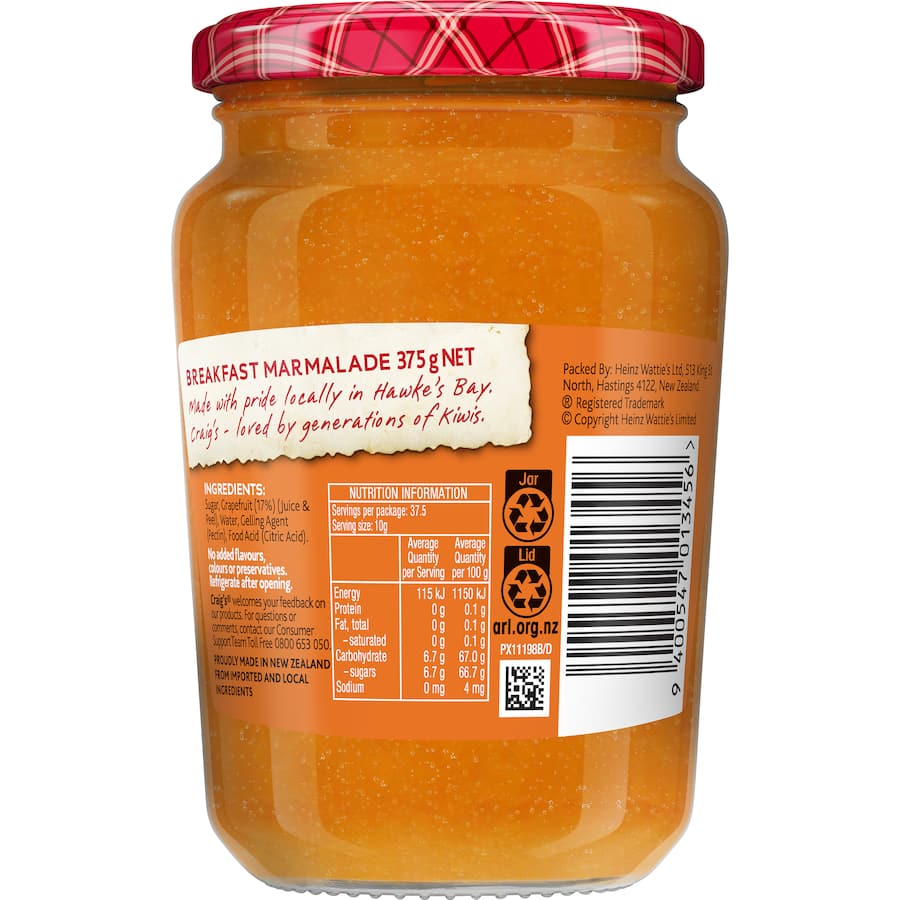 A jar of Craig's Breakfast Marmalade featuring zesty grapefruit flavor, perfect for toast, baking, and desserts.