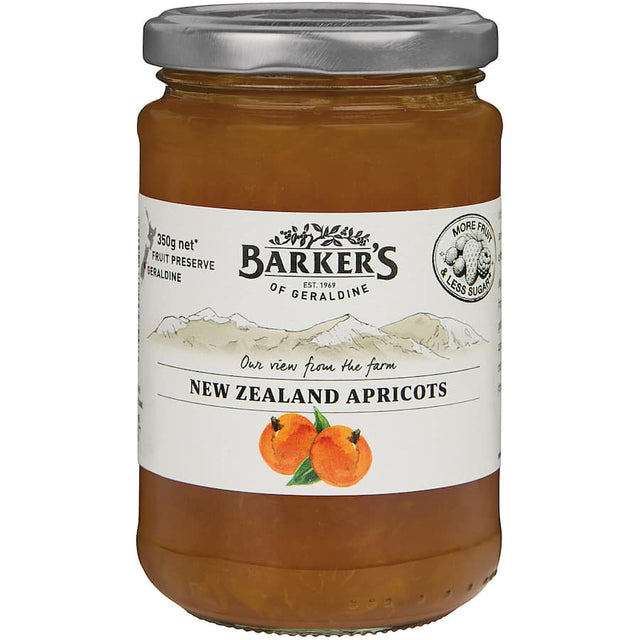 Barkers Apricot Jam: gluten-free, made with Central Otago apricots, perfect for toast or desserts, no artificial additives.