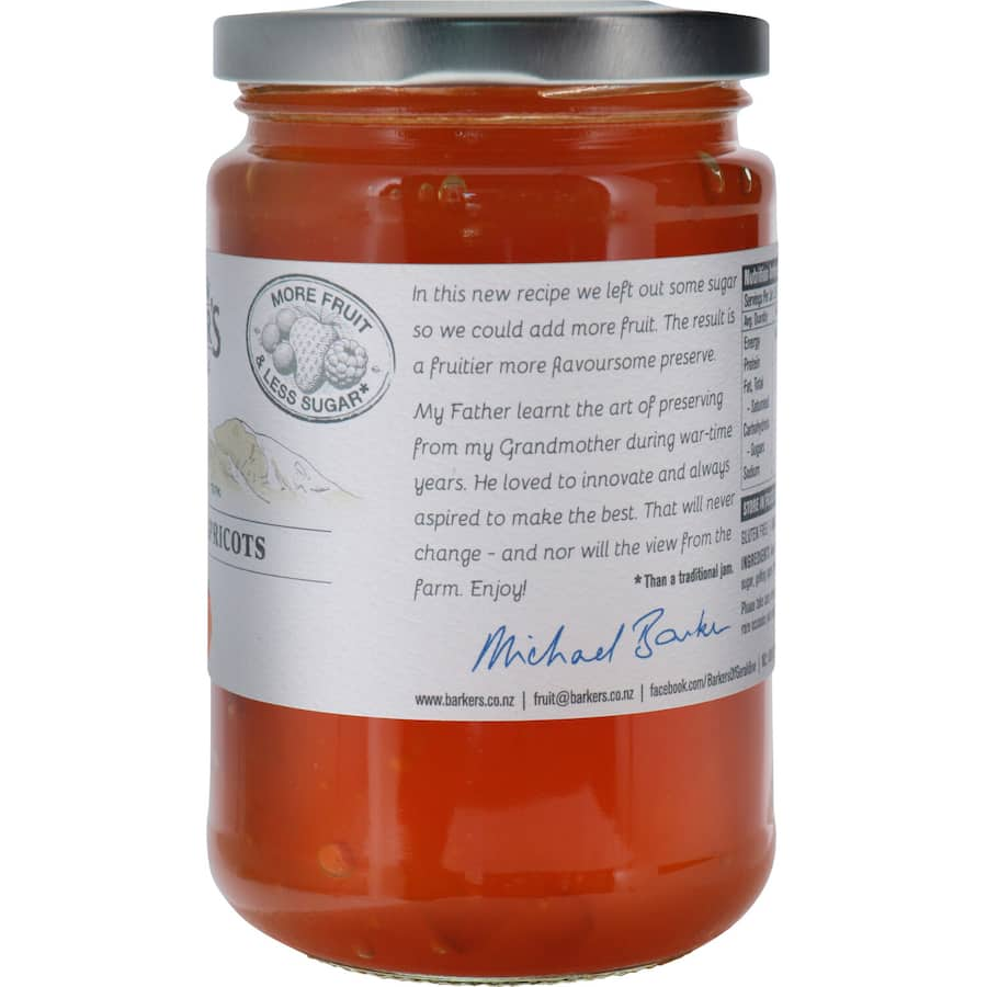 Barkers Apricot Jam made from Central Otago apricots, gluten-free, with no artificial additives, perfect for versatile use.