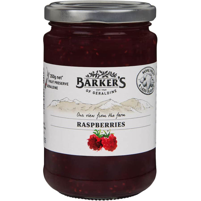 Barkers Raspberry Jam: gluten-free, made in New Zealand, bursting with real raspberry flavor, perfect for spreading or baking.