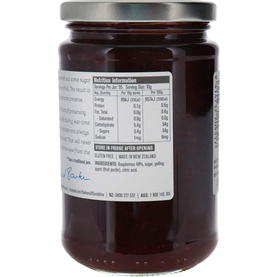 Barker's Raspberry Jam jar showcasing rich raspberry flavor, gluten-free, no artificial ingredients, perfect for various dishes.