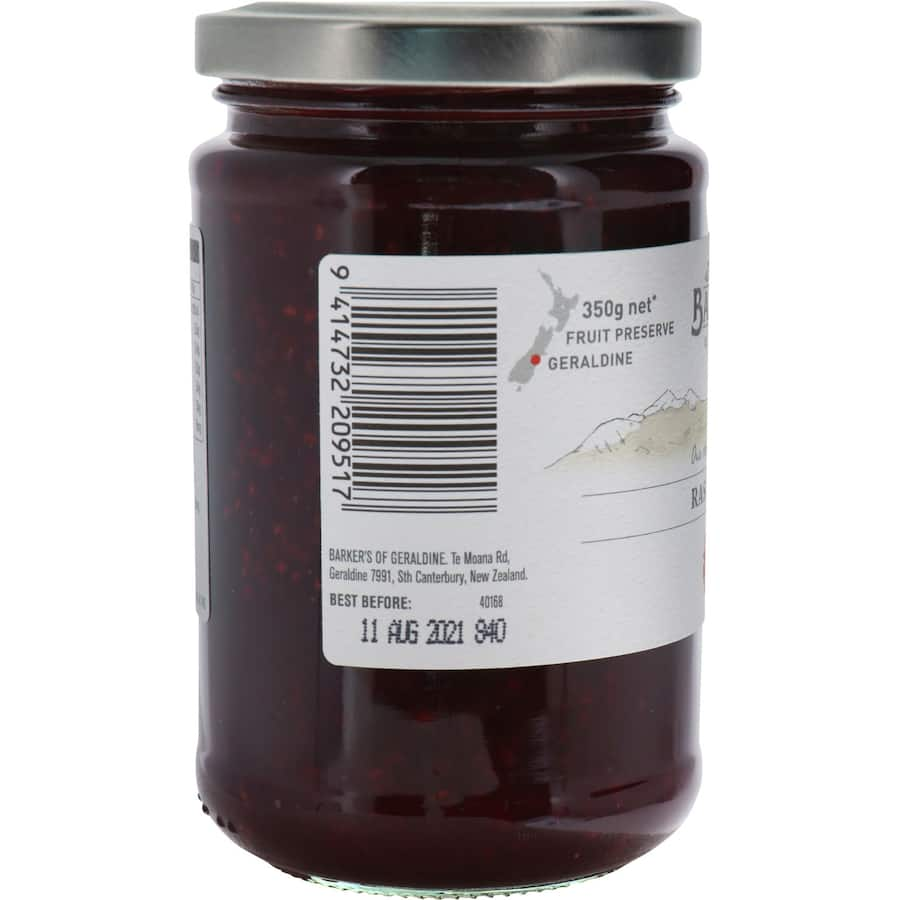 Barkers Raspberry Jam: gluten-free, made with real raspberries, perfect for toast, desserts, and guilt-free enjoyment.