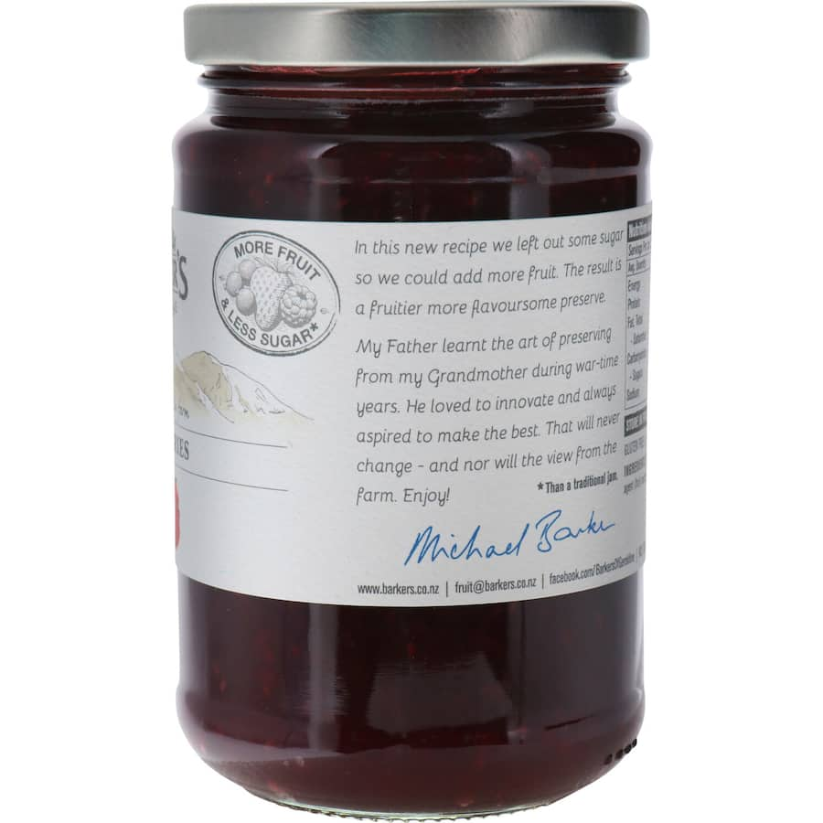 Barker's Raspberry Jam, a gluten-free delight made in New Zealand, bursting with real raspberry flavor and no artificial additives.