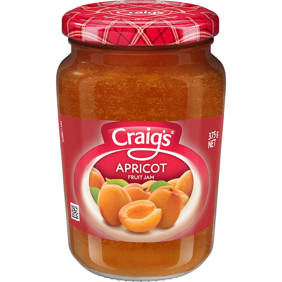 Jar of Craig's Apricot Fruit Jam featuring ripe apricots, perfect for spreading on toast or enhancing desserts.