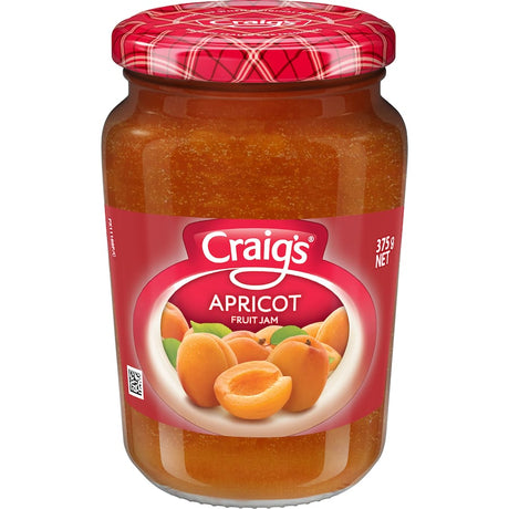 Jar of Craig's Apricot Fruit Jam featuring ripe apricots, perfect for spreading on toast or enhancing desserts.