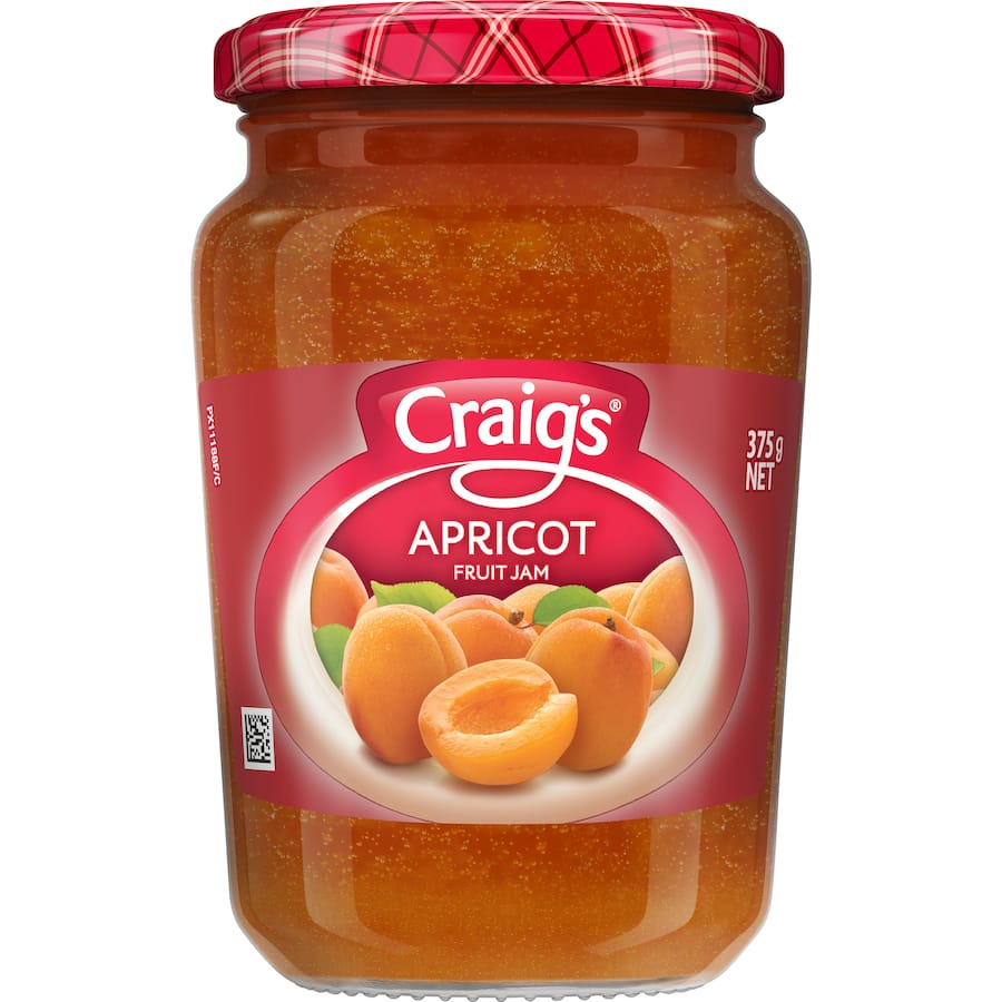 A jar of Craig's Apricot Fruit Jam, showcasing its rich, golden color and labeled for gourmet breakfast and baking use.