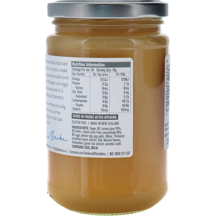 A jar of Barkers Lemon Curd, a gluten-free, natural spread made in New Zealand, perfect for toast and desserts.