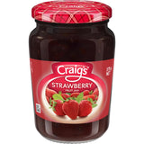 A jar of Craig's Strawberry Fruit Jam, showcasing its rich red color and smooth texture, perfect for spreads and baking.