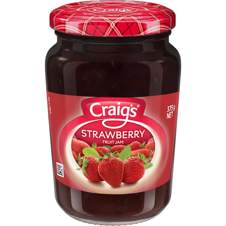 A jar of Craig's Strawberry Fruit Jam, showcasing its rich red color and smooth texture, perfect for spreads and baking.