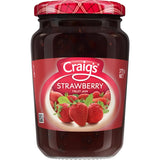 A jar of Craig's Strawberry Fruit Jam, showcasing its rich, vibrant red hue, perfect for spreads and baking.